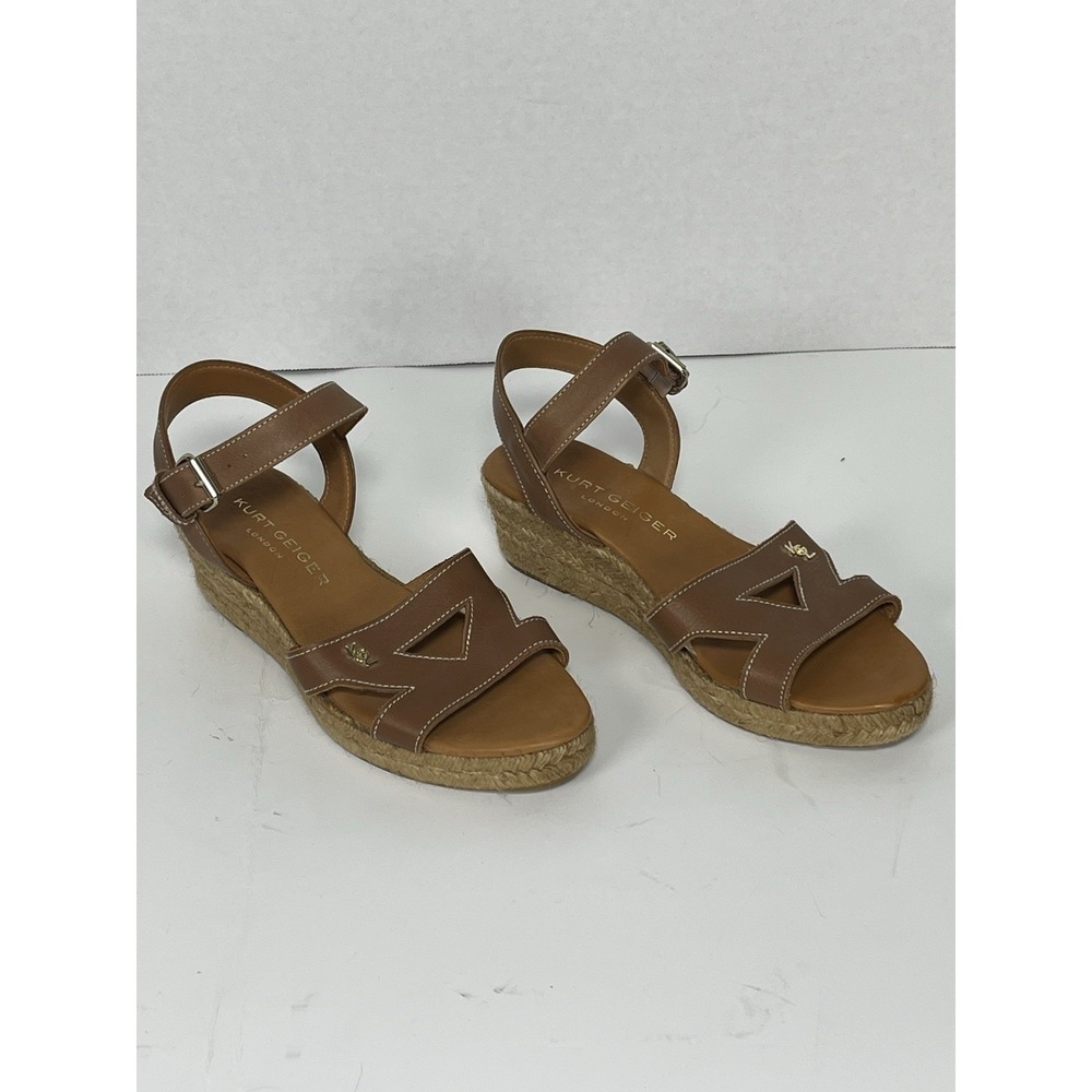 Kurt Geiger Womens 6.5 (eu 37) Tan Brown Leather Espadrille Wedge‎ Sandals NWOT